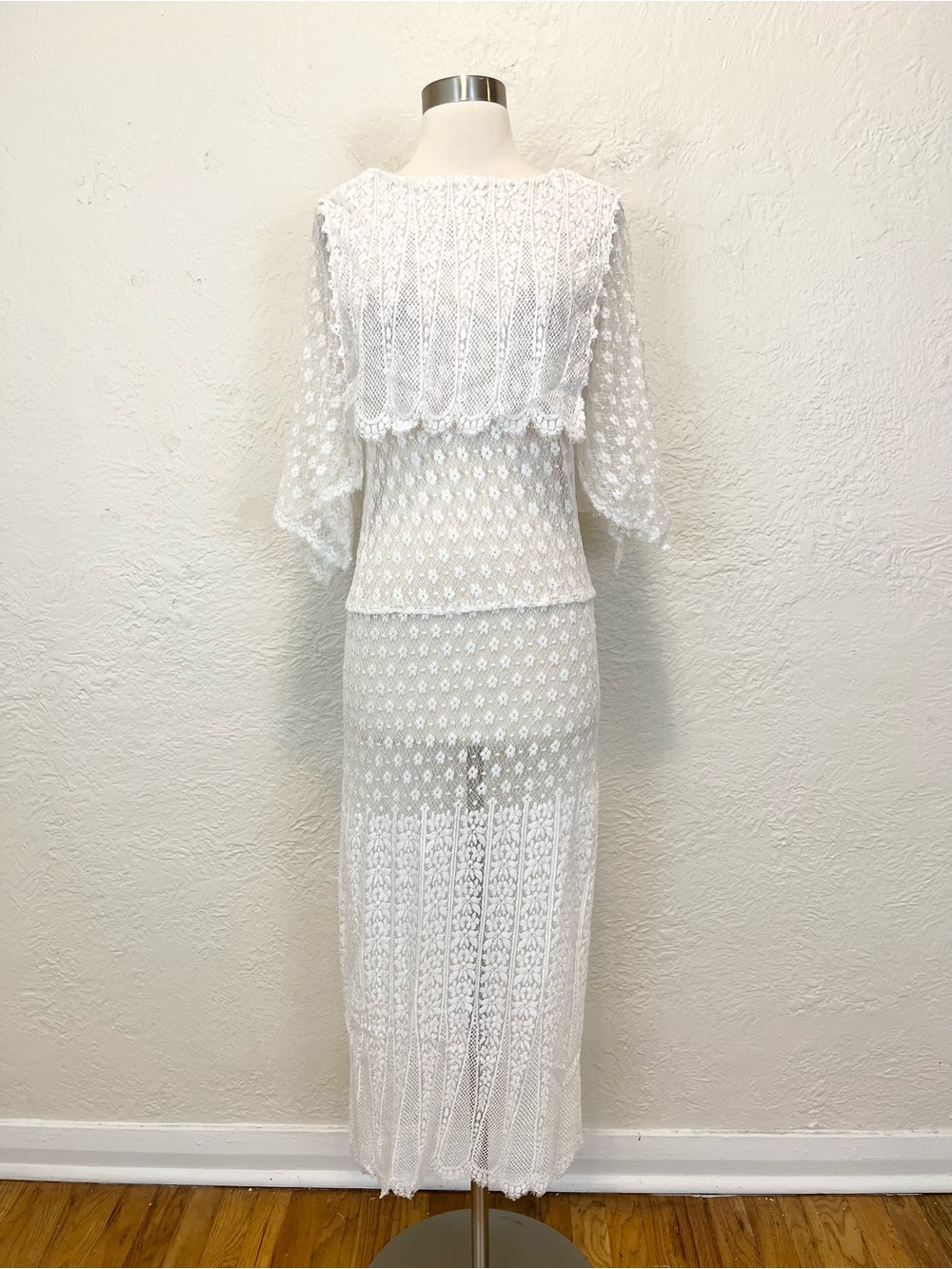 Vintage Dress Midi Maxi Ivory White Lace Cottagecore Boho Fairy XS/S